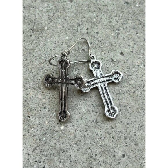 Vintage Cross Silver Tone Hook Religious Cross Dangle White Stone Earrings 1” - Picture 5 of 16
